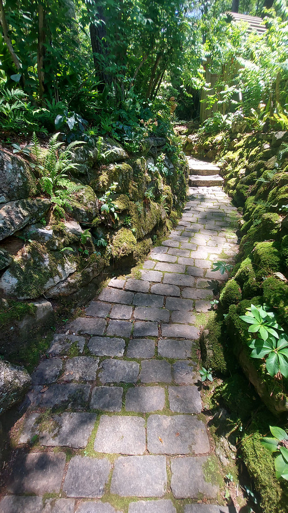 A cobbled path climbing between moss-covered stone walls, ferns and hostas