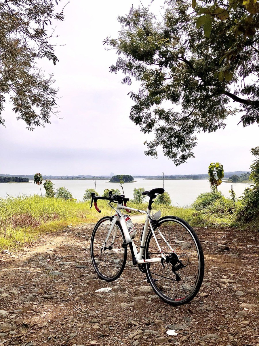 A white road bike standing on a gravel path above a lake, framed by trees