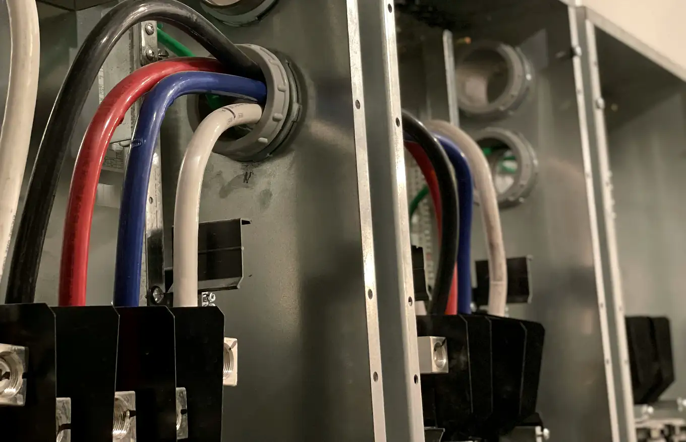 Fresh red, blue, black and white conductors landed on the lugs of an open service panel.