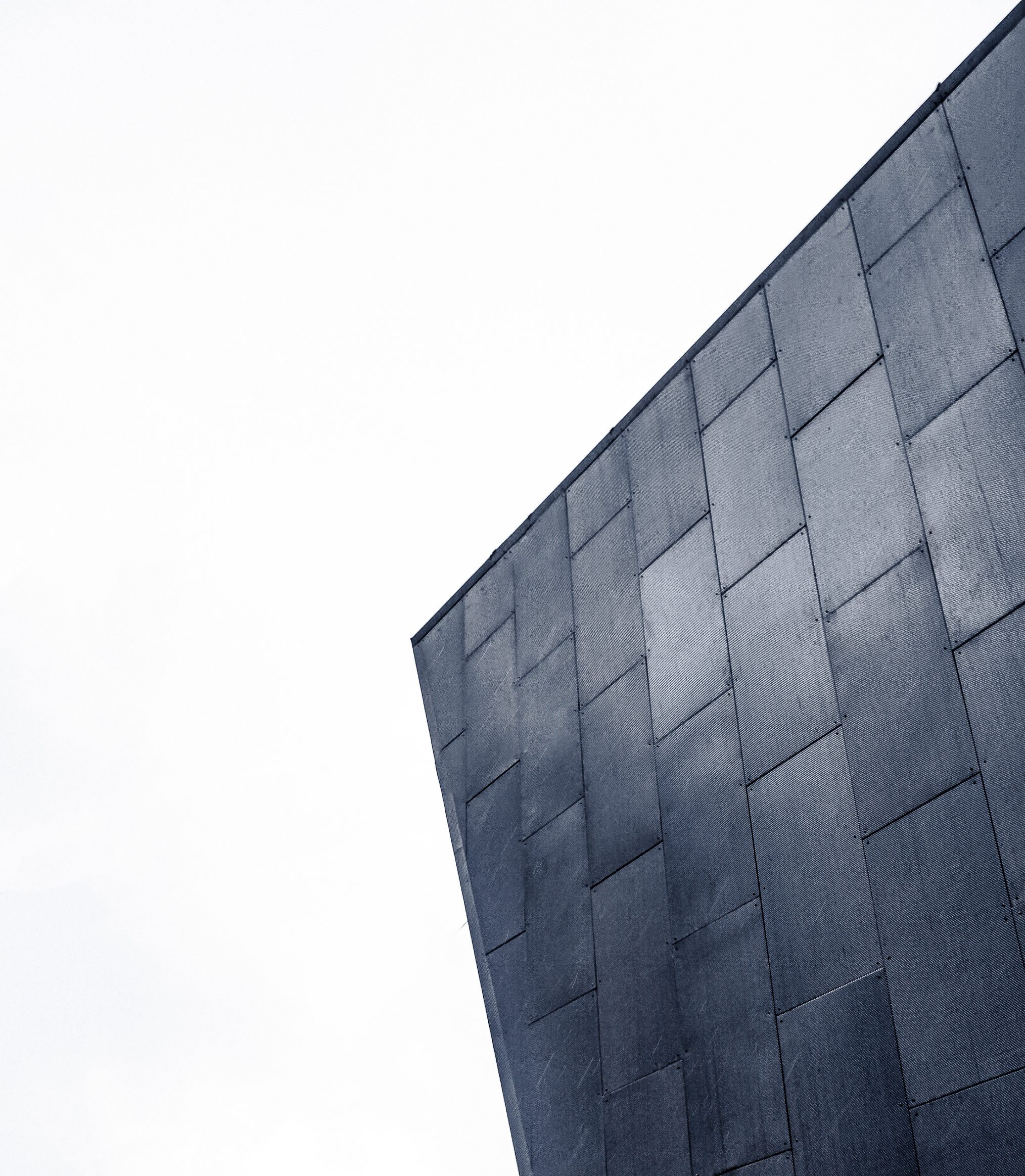Corner of a building clad in dark zinc panels, angled against a pale overcast sky