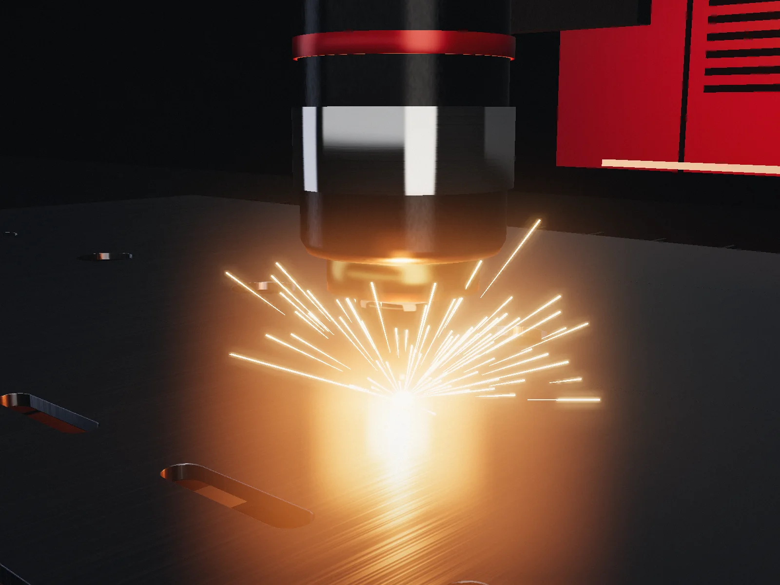 Close-up of a laser nozzle above a steel sheet, sparks spraying from the cut