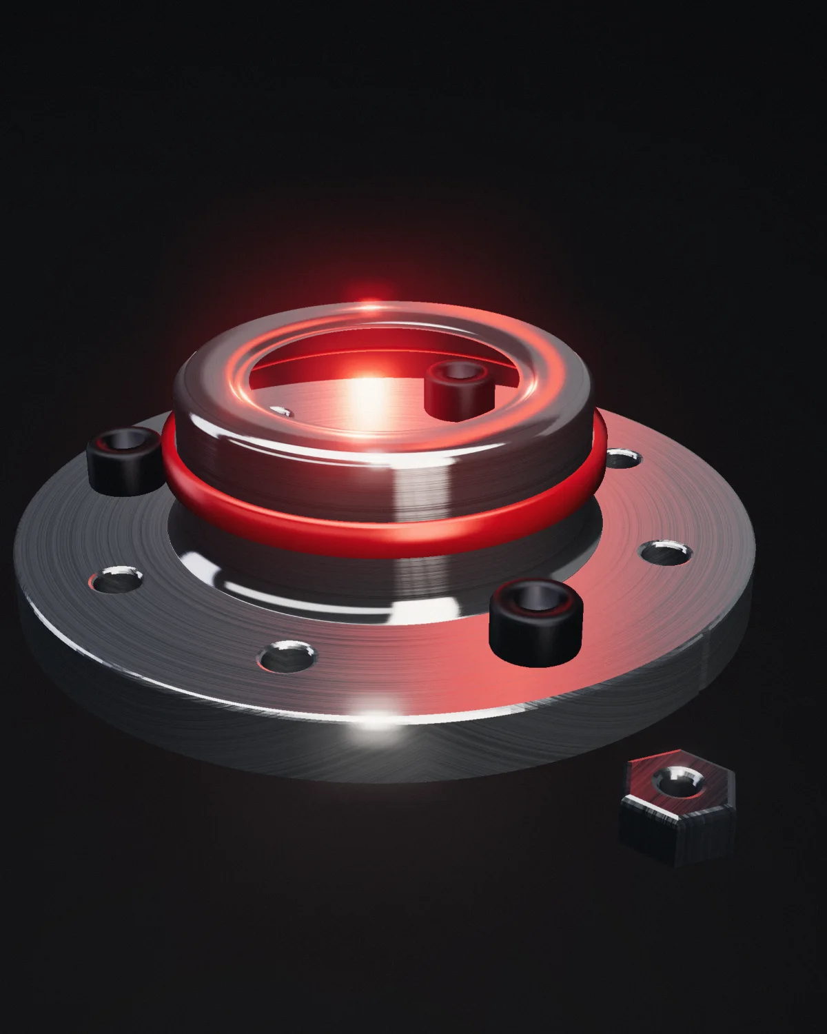 A machined aluminum flange with a red anodized collar and a ring of bolt holes