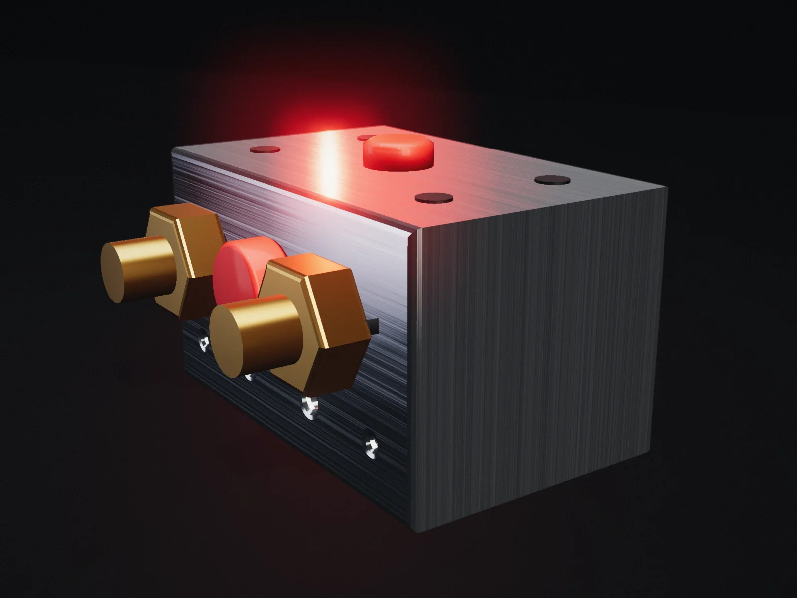 A machined steel hydraulic manifold block with brass fittings and red port caps