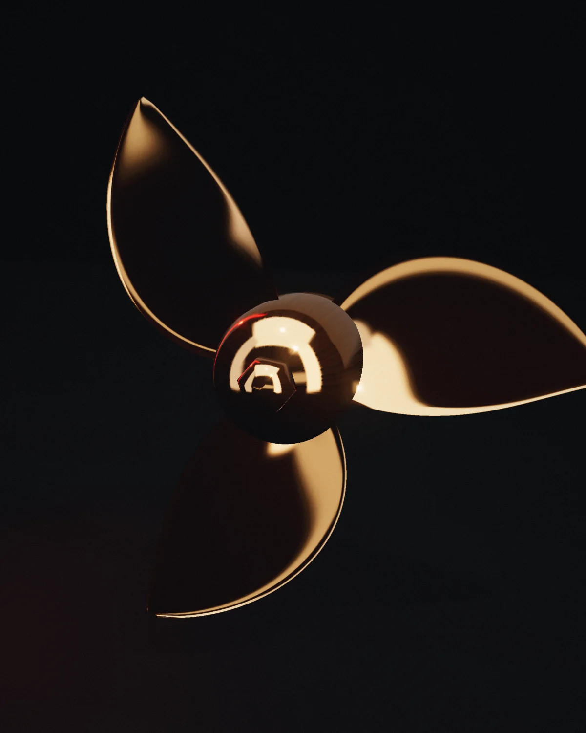 A three-blade bronze propeller on a dark background