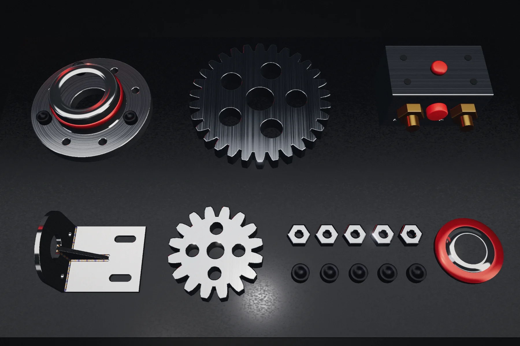 Machined and fabricated parts laid out on a dark steel plate: a flange, gears, a manifold block, a bracket, nuts and bolts